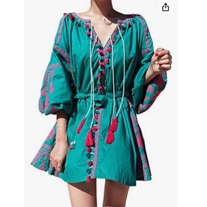 🛍️ Bohemian Green Lantern Sleeve Embroidered Tassels Tunic Dress M